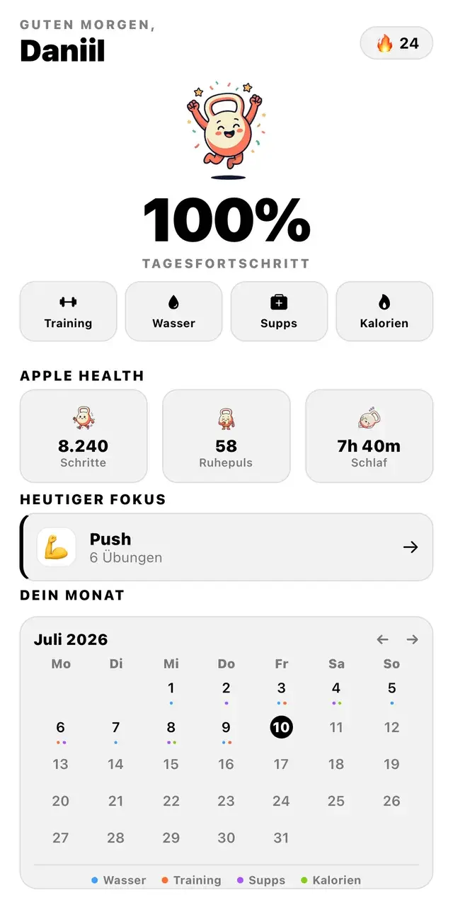 FitApp home screen at 100% daily progress